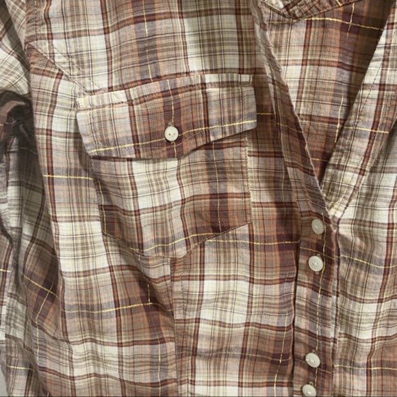 Converse button up brown/gold plaid v-neck top SizeSmall EUC - Picture 5 of 7
